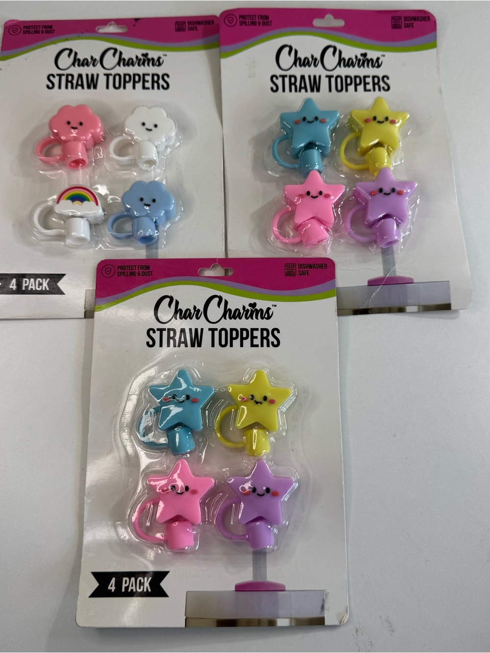 CharCharms Straw Toppers 3 Packs - 12 Total Clouds Rainbow Stars 10mm Stanley